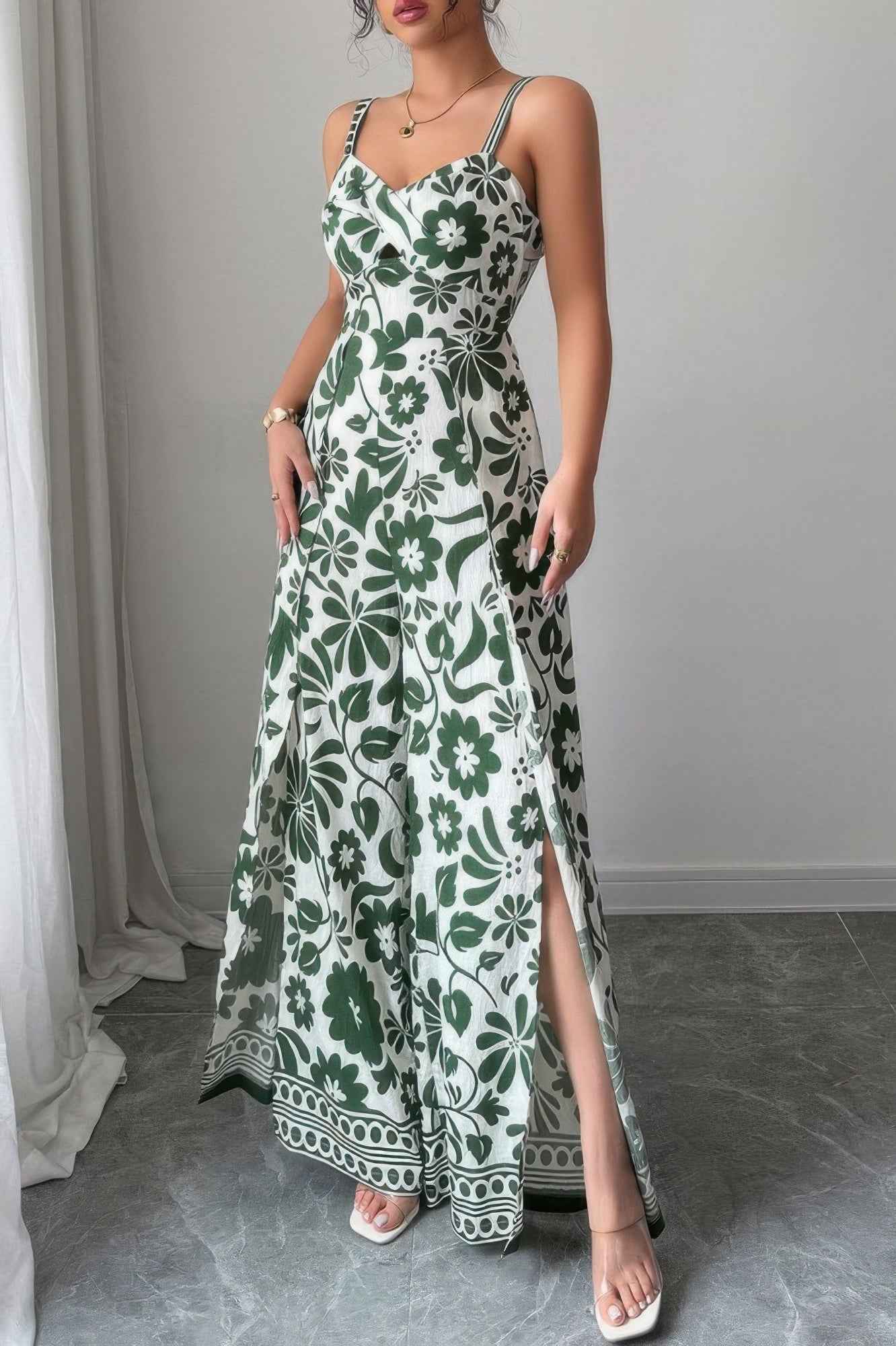 Floral Print High Waist Split Wide Leg Fit Jumpsuit