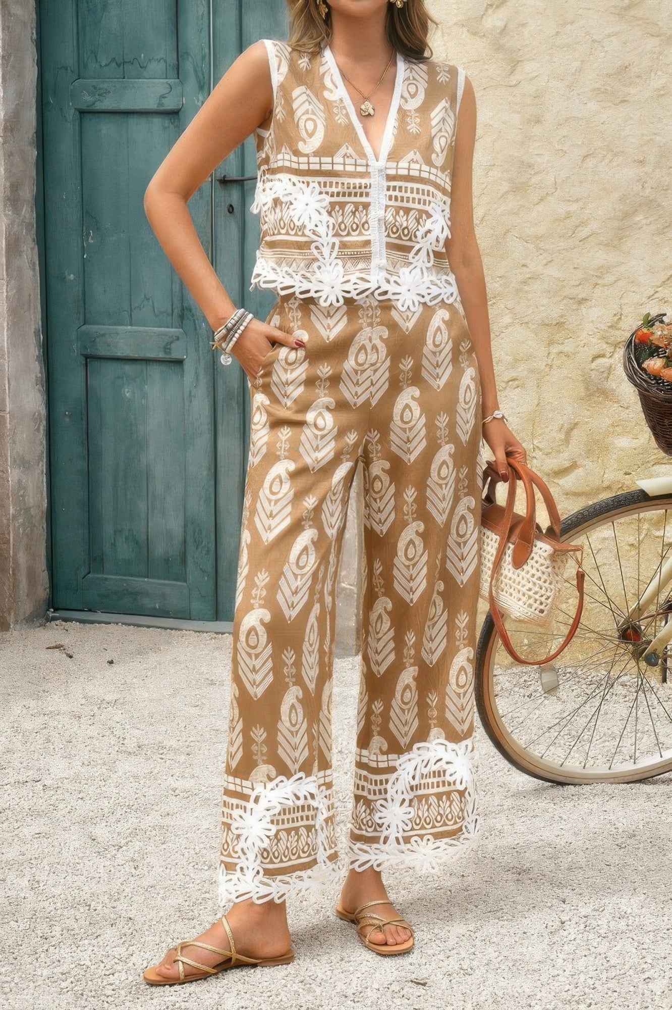 Boho Print Two Piece Sleeveless Button Lace Trim Set