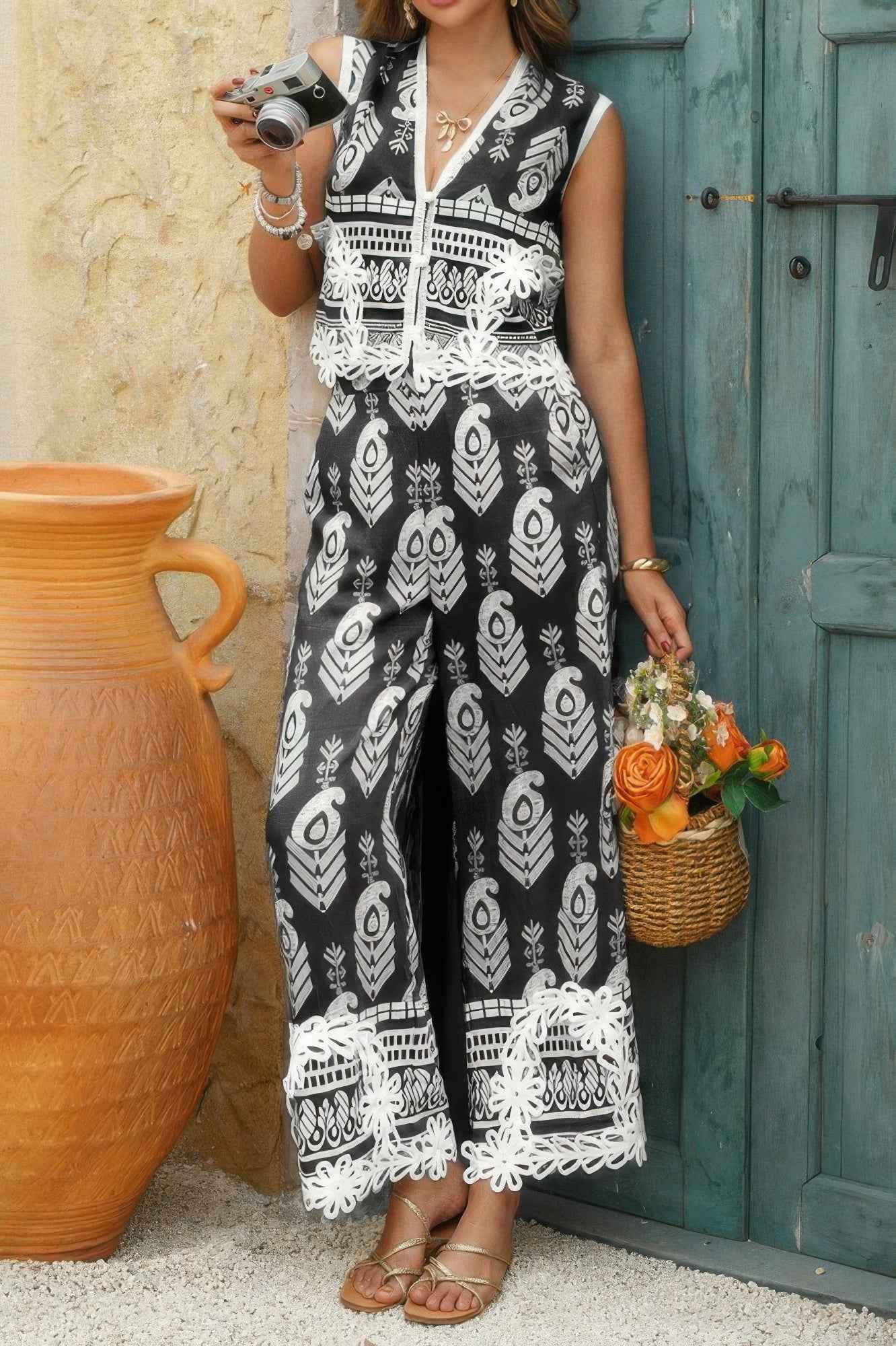 Boho Print Two Piece Sleeveless Button Lace Trim Set