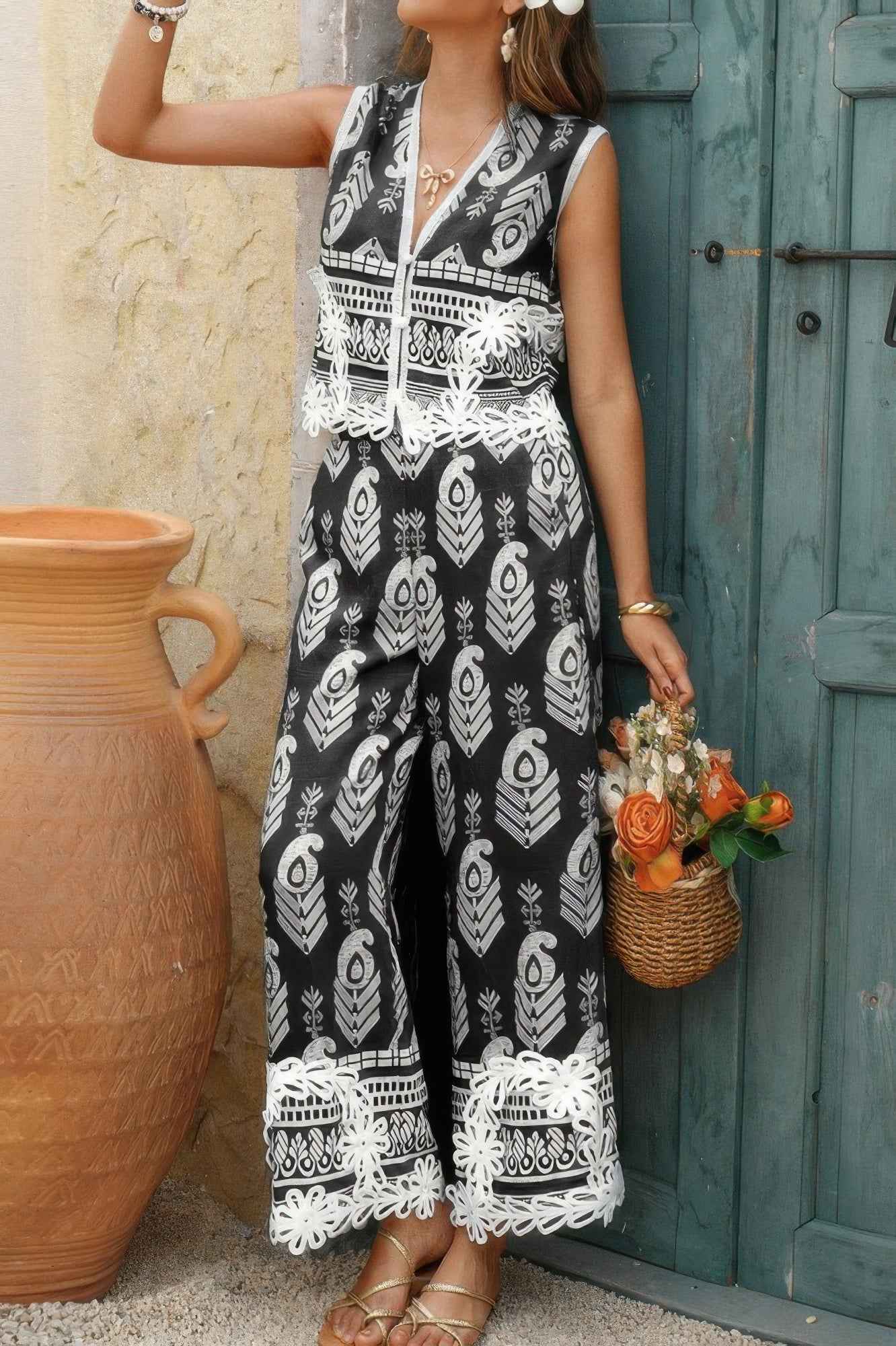 Boho Print Two Piece Sleeveless Button Lace Trim Set