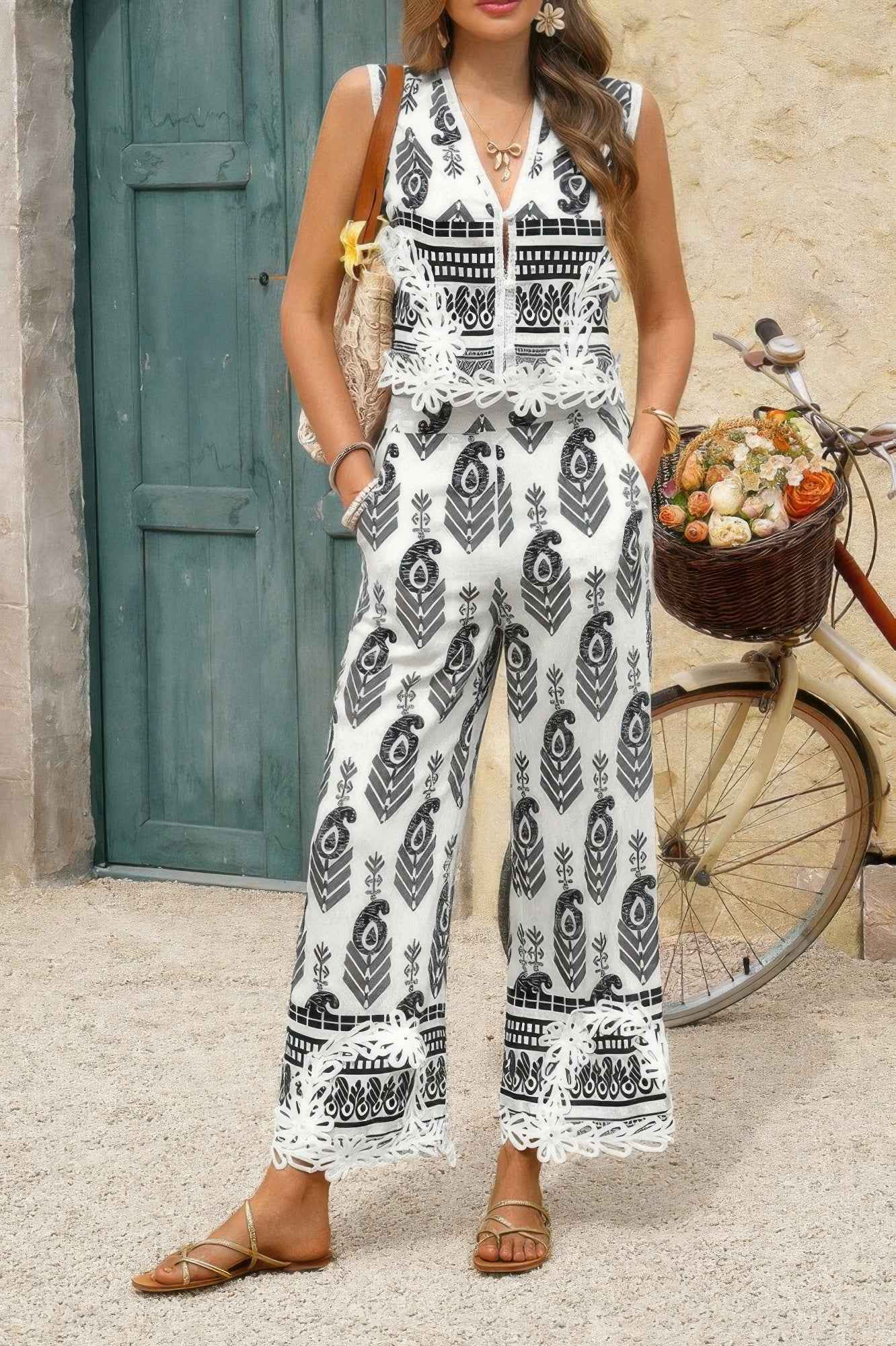 Boho Print Two Piece Sleeveless Button Lace Trim Set