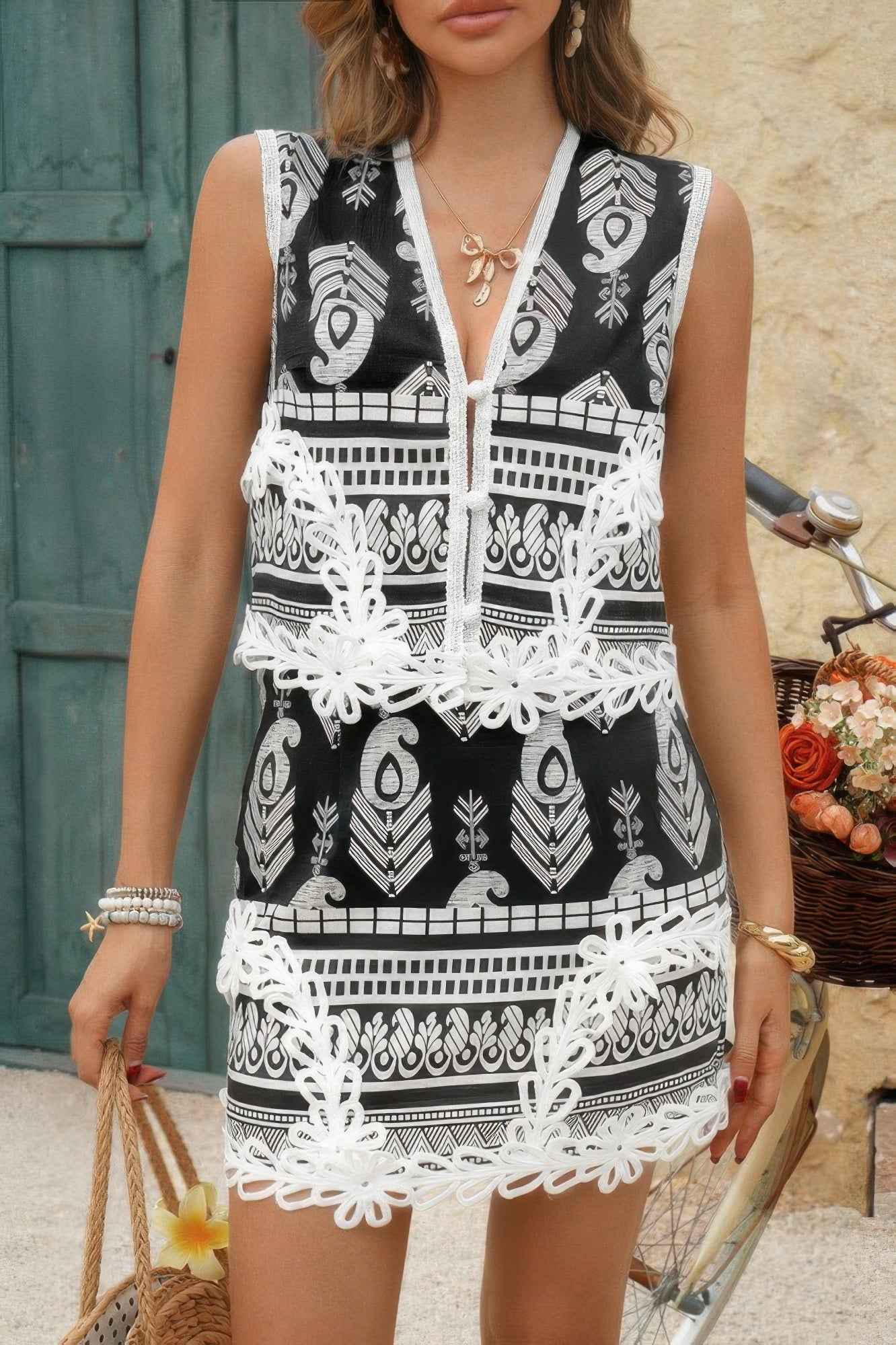 Two Piece Boho Print Sleeveless Button Lace Trim Set