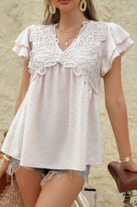 V Neck Lace Cutwork Flock Dot Ruffle Shirt