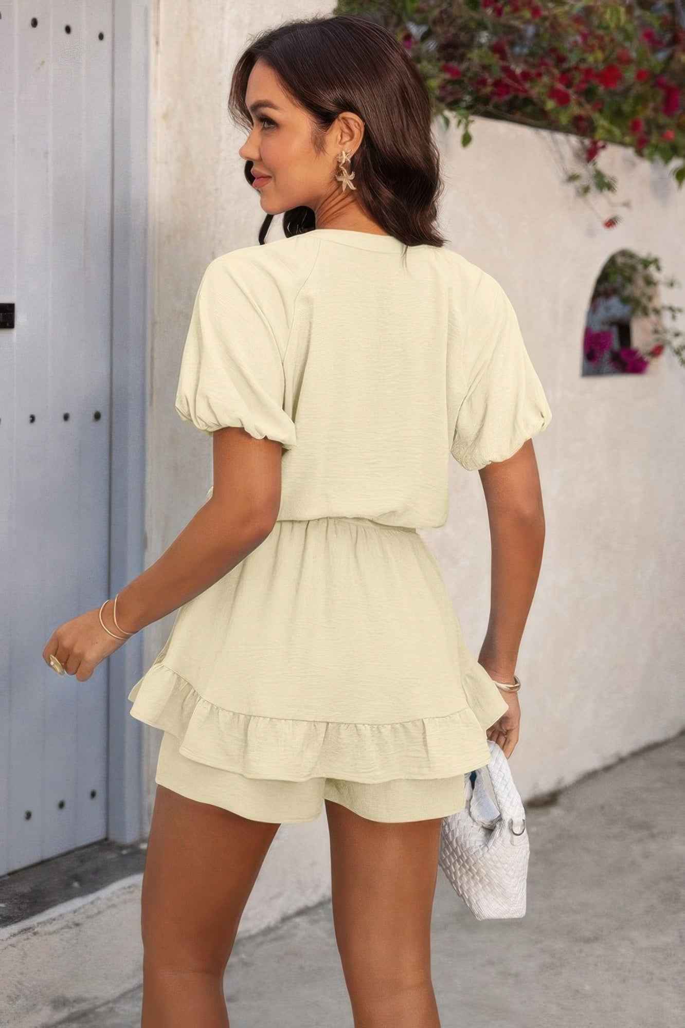 Solid V Neck Knot Puff Sleeves Ruffle Hem Romper