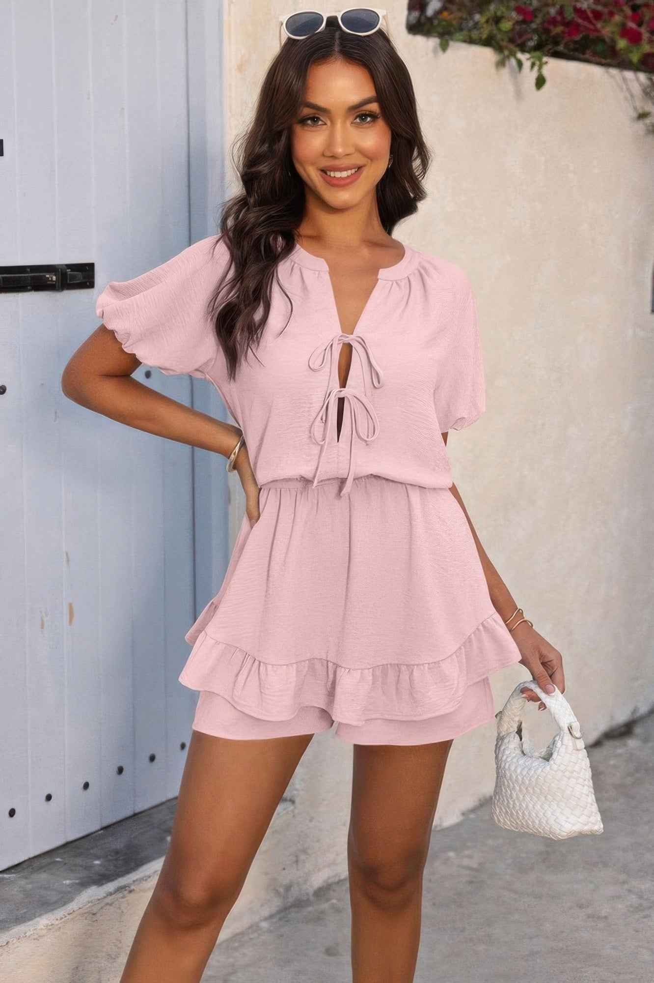 Solid V Neck Knot Puff Sleeves Ruffle Hem Romper