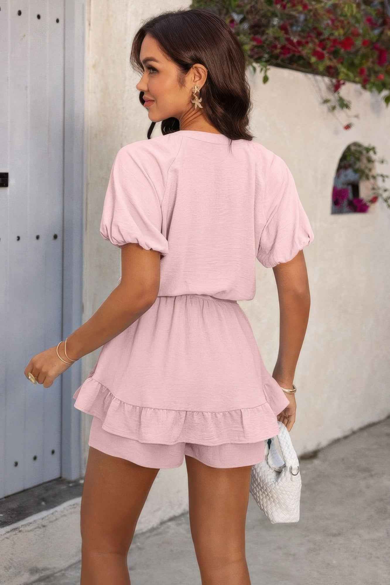 Solid V Neck Knot Puff Sleeves Ruffle Hem Romper