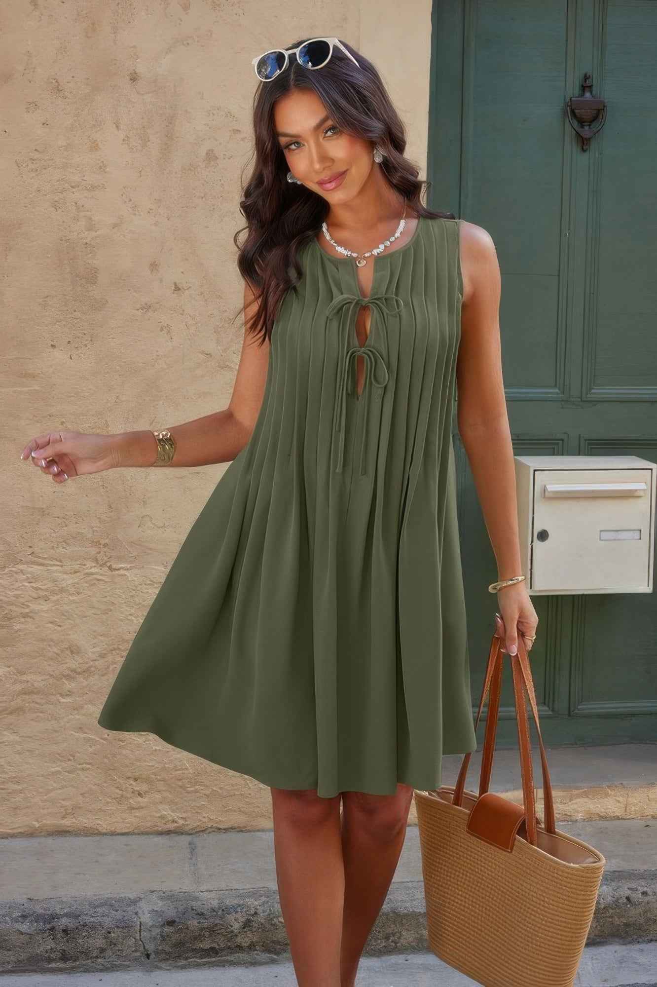 Round Neck Knot Cut Out Pleated Loose Fit Dress