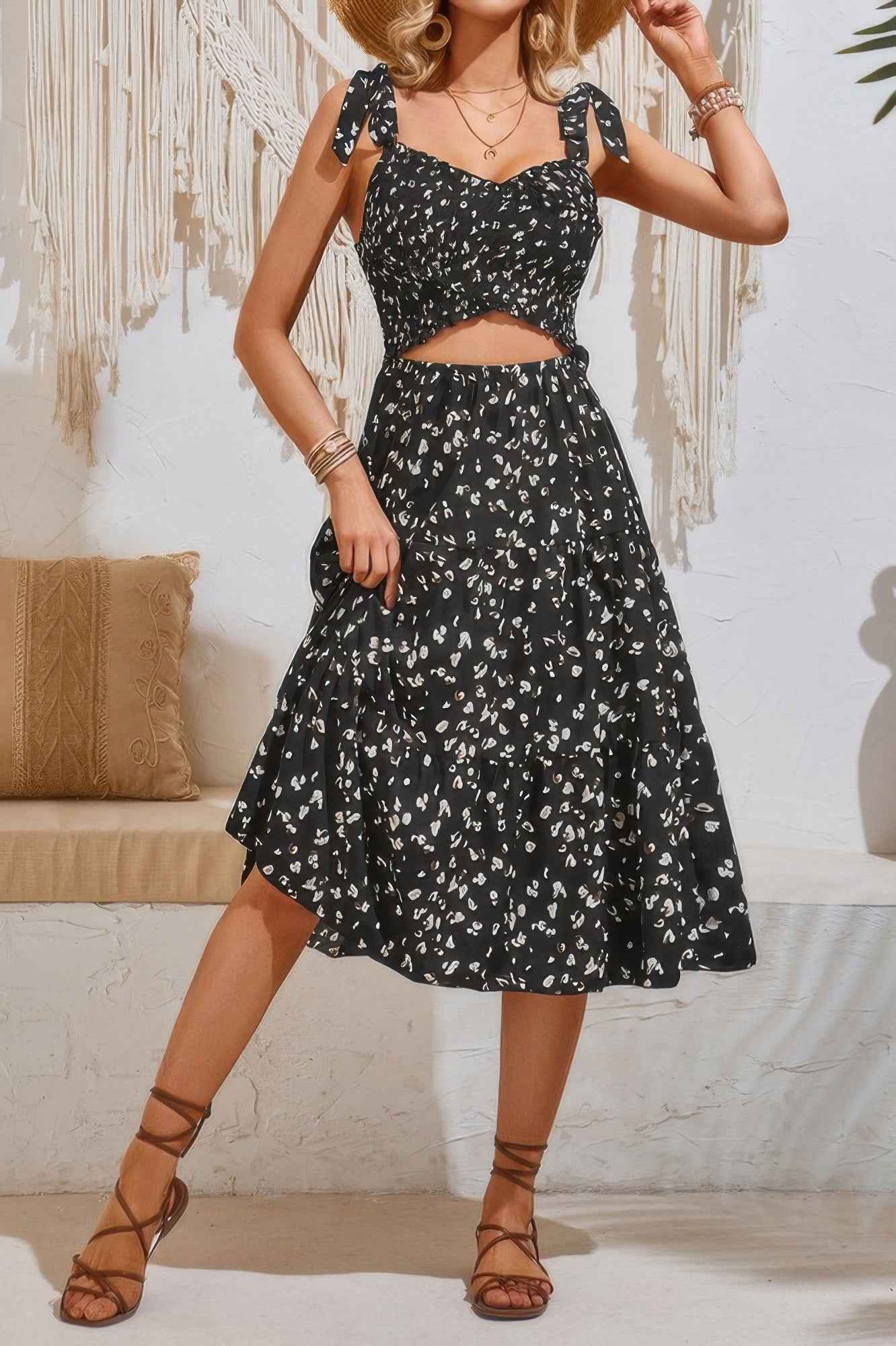 Square Neck Leopard Cut Out Elastic Waist Dress