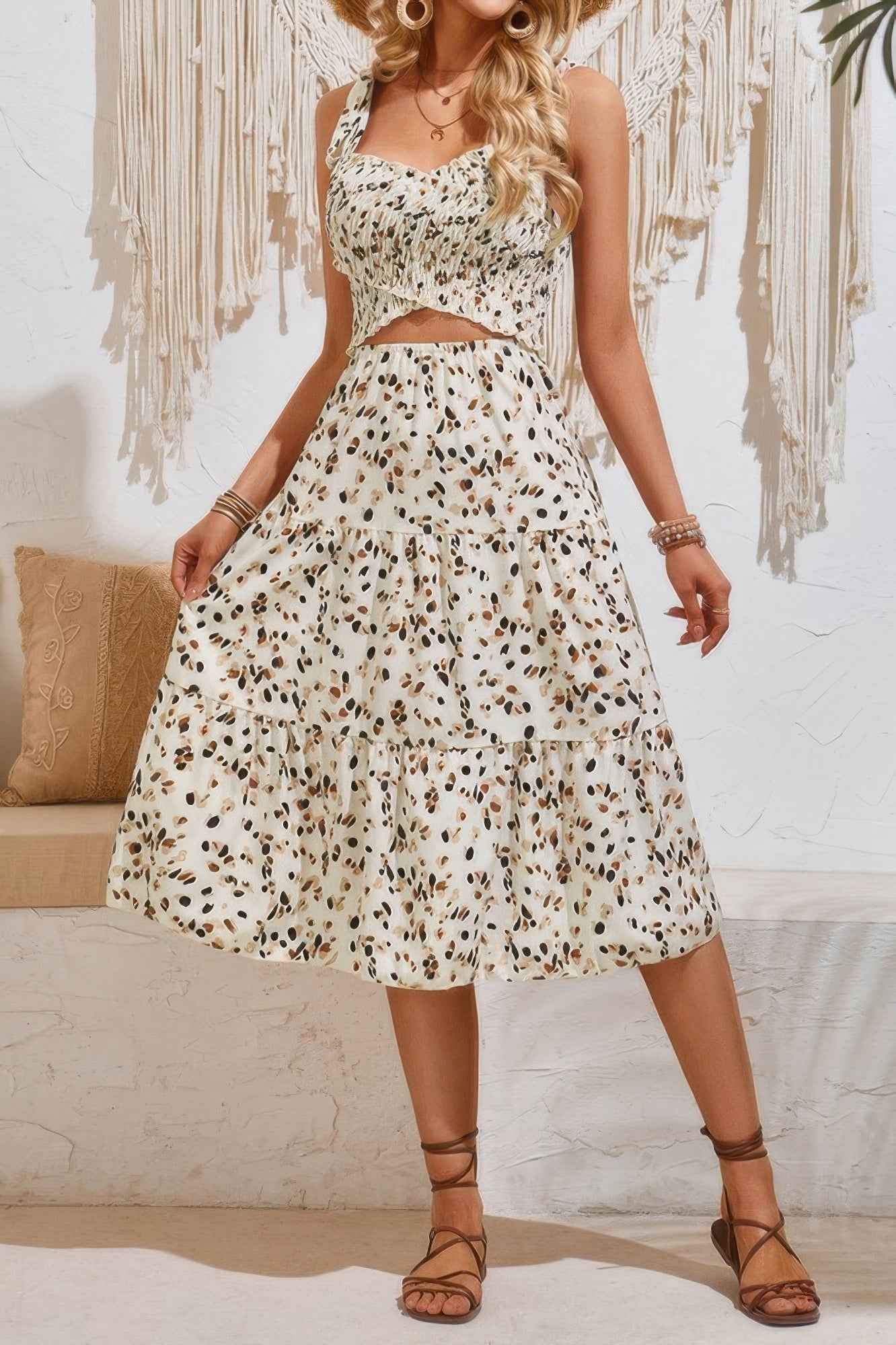 Square Neck Leopard Cut Out Elastic Waist Dress