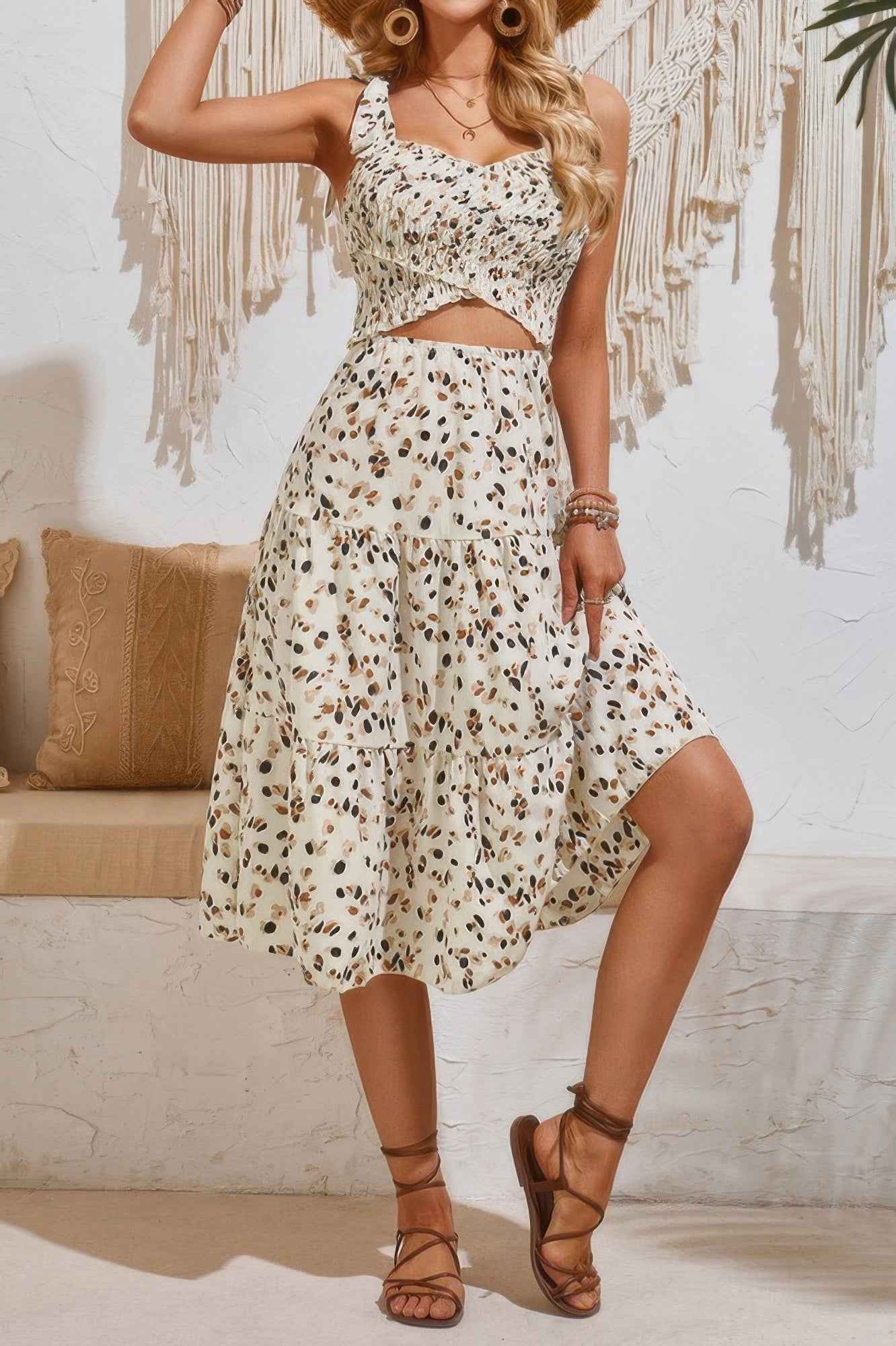 Square Neck Leopard Cut Out Elastic Waist Dress