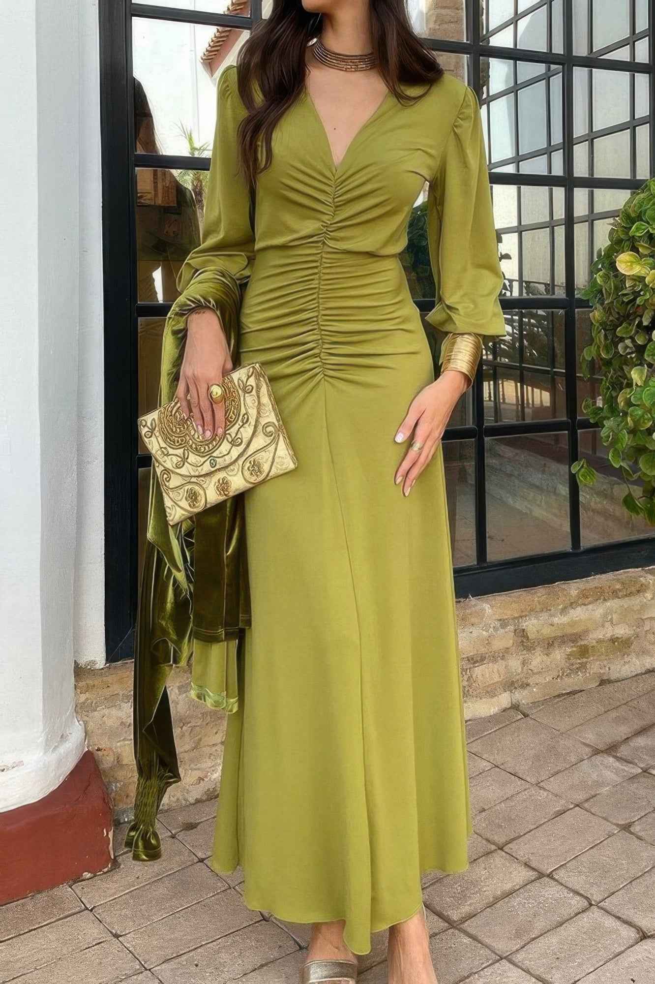 Solid Ruched V Neck Tight Waist Fit Dress