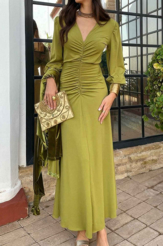 Solid Ruched V Neck Tight Waist Fit Dress