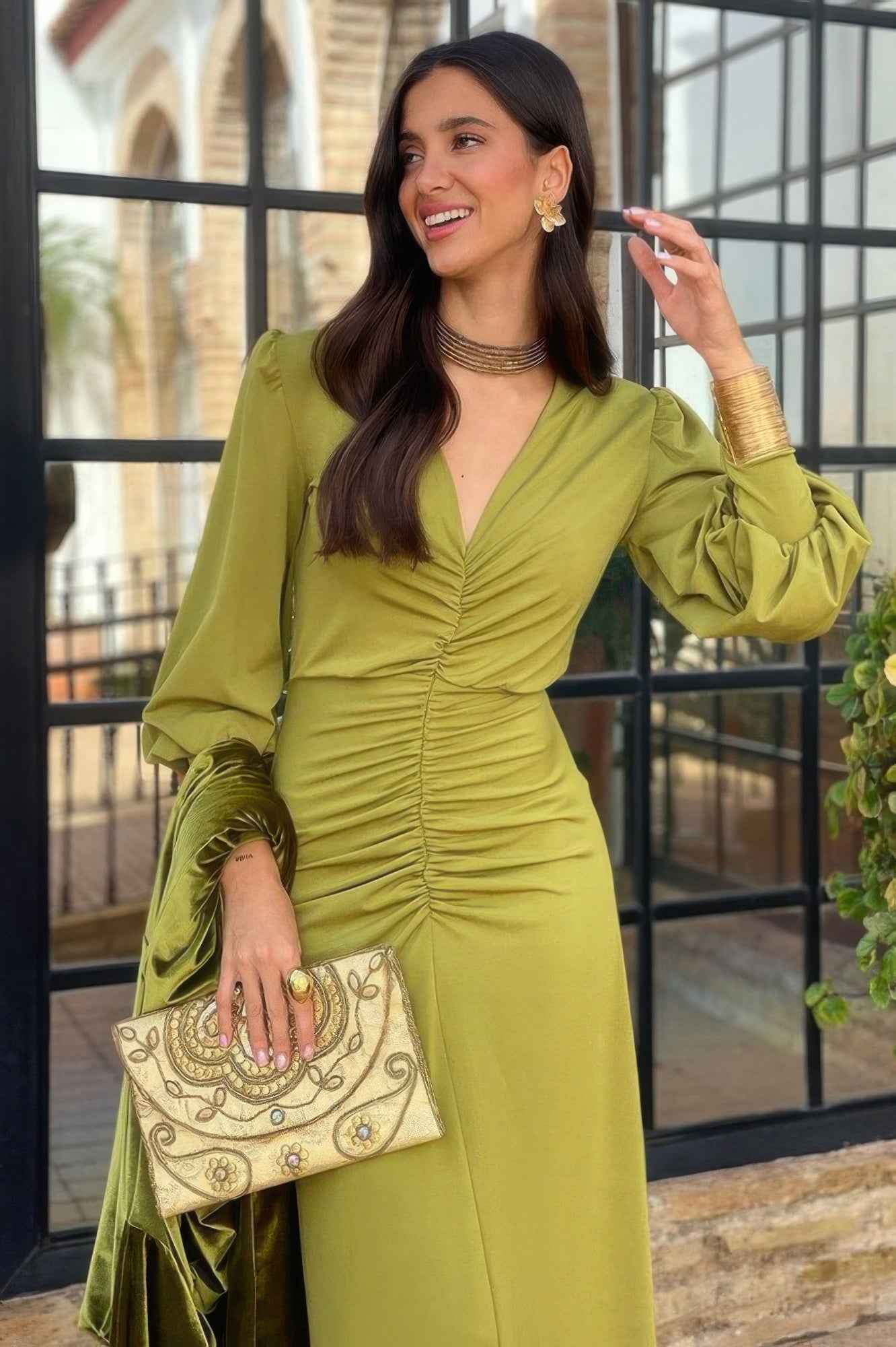 Solid Ruched V Neck Tight Waist Fit Dress