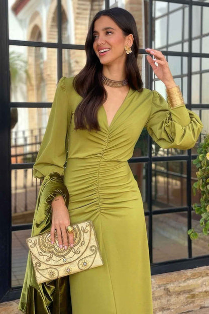 Solid Ruched V Neck Tight Waist Fit Dress