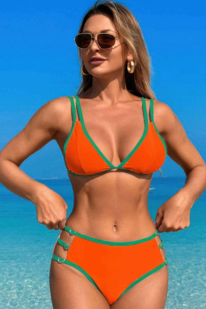 Two Pieces Color Block Cut Out Back Knot Bikini