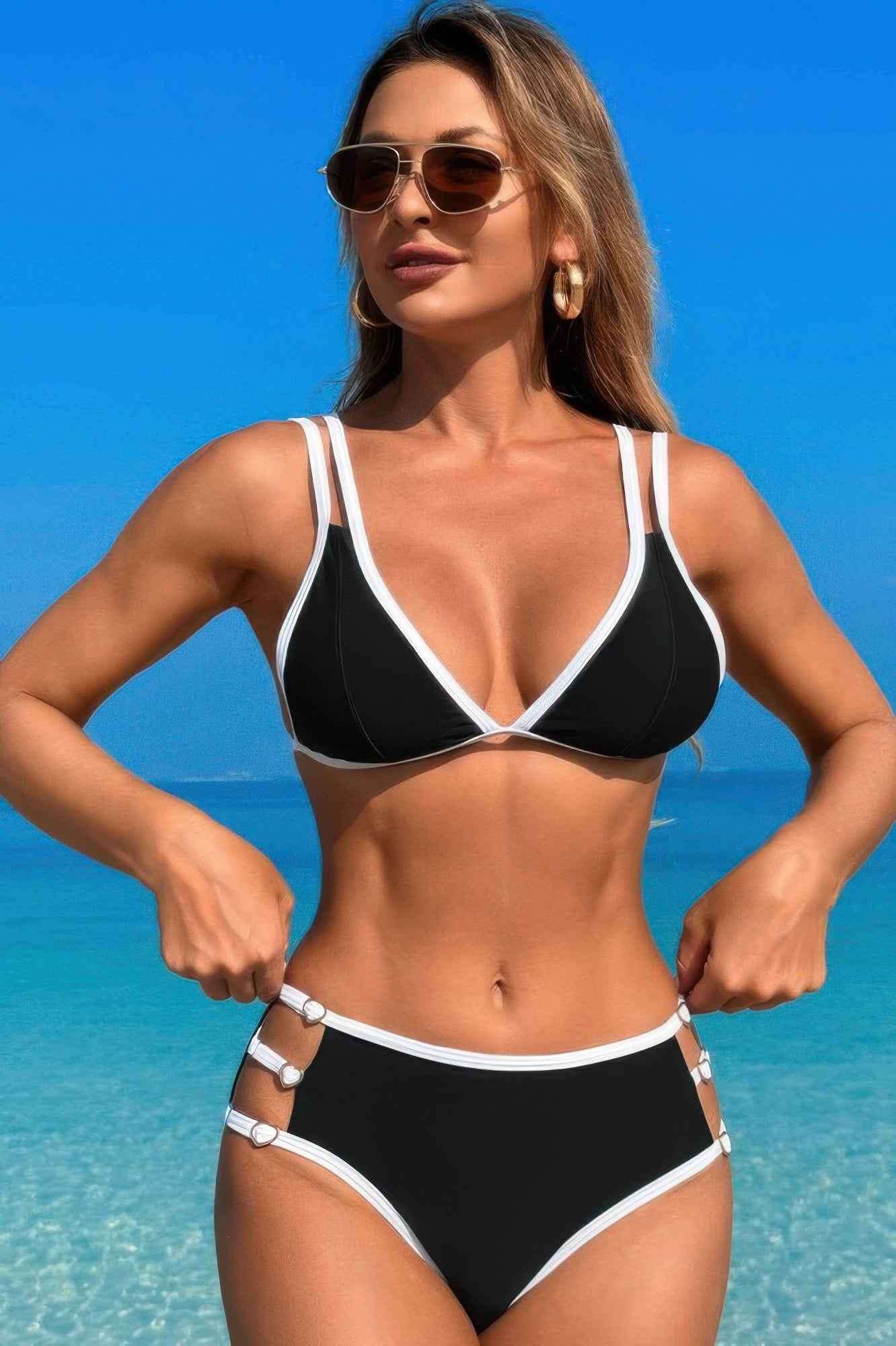 Two Pieces Color Block Cut Out Back Knot Bikini