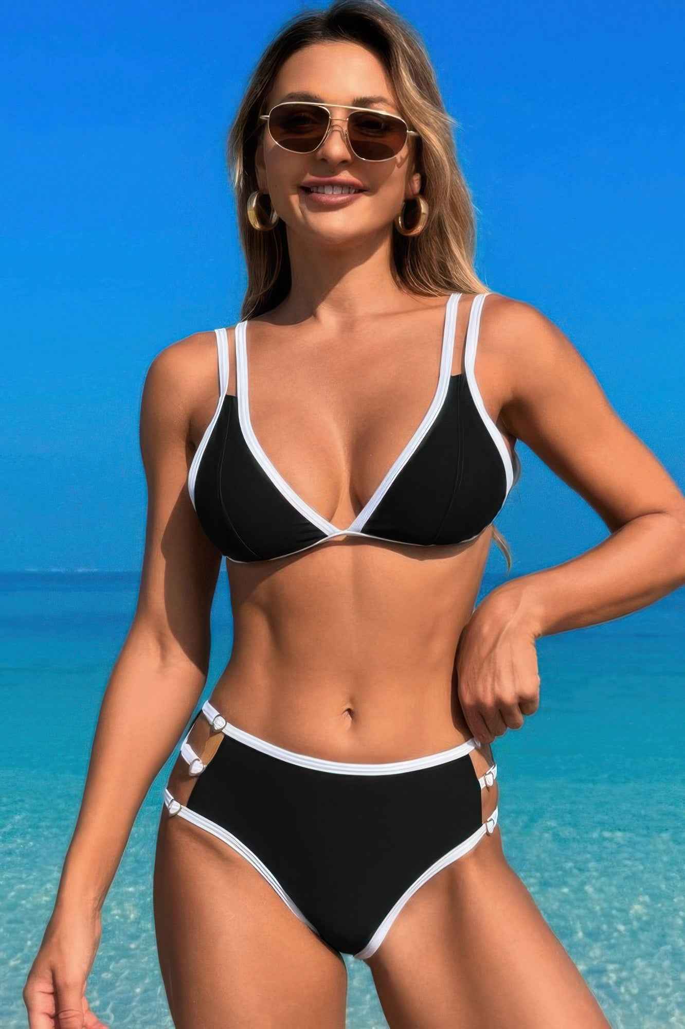 Two Pieces Color Block Cut Out Back Knot Bikini