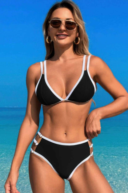 Two Pieces Color Block Cut Out Back Knot Bikini