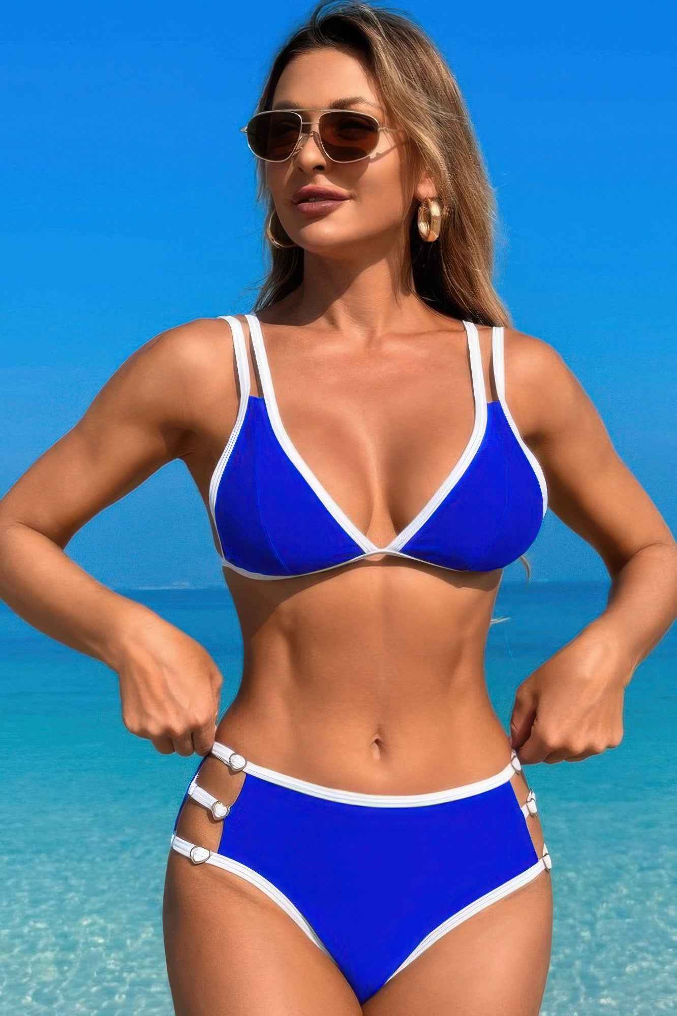 Two Pieces Color Block Cut Out Back Knot Bikini