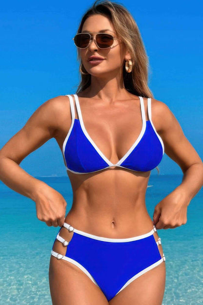 Two Pieces Color Block Cut Out Back Knot Bikini
