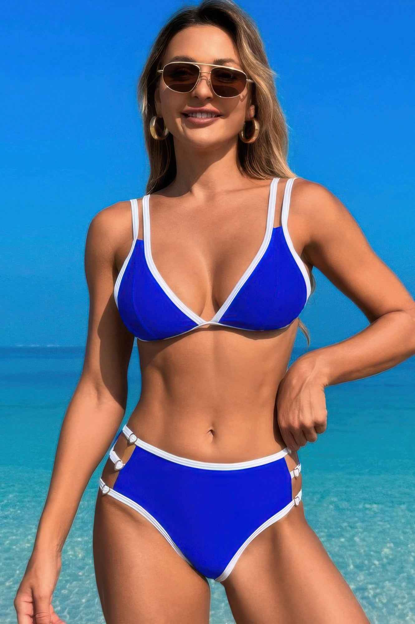 Two Pieces Color Block Cut Out Back Knot Bikini