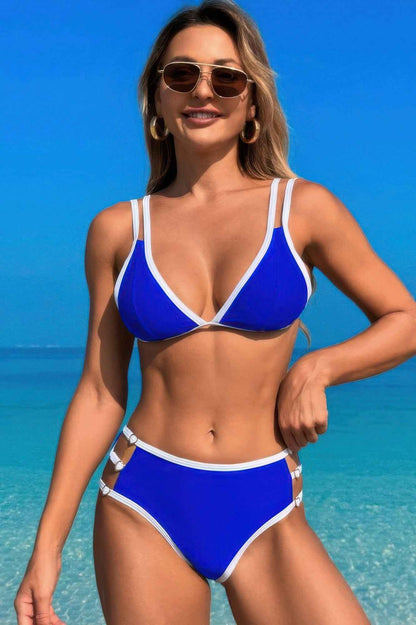 Two Pieces Color Block Cut Out Back Knot Bikini