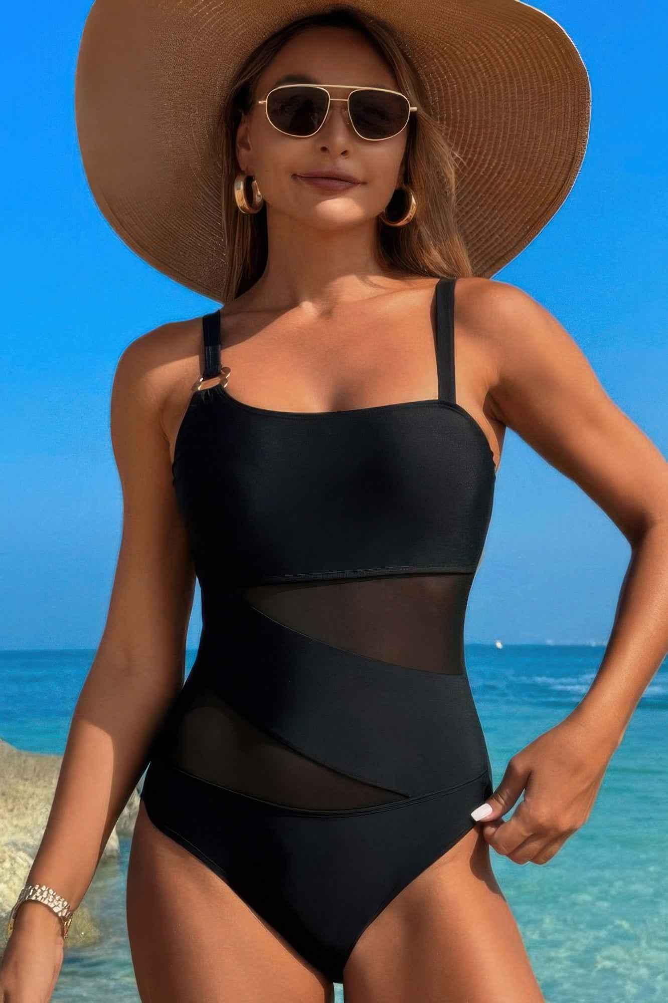 One Piece Color Block Lace High Cut Swimsuit