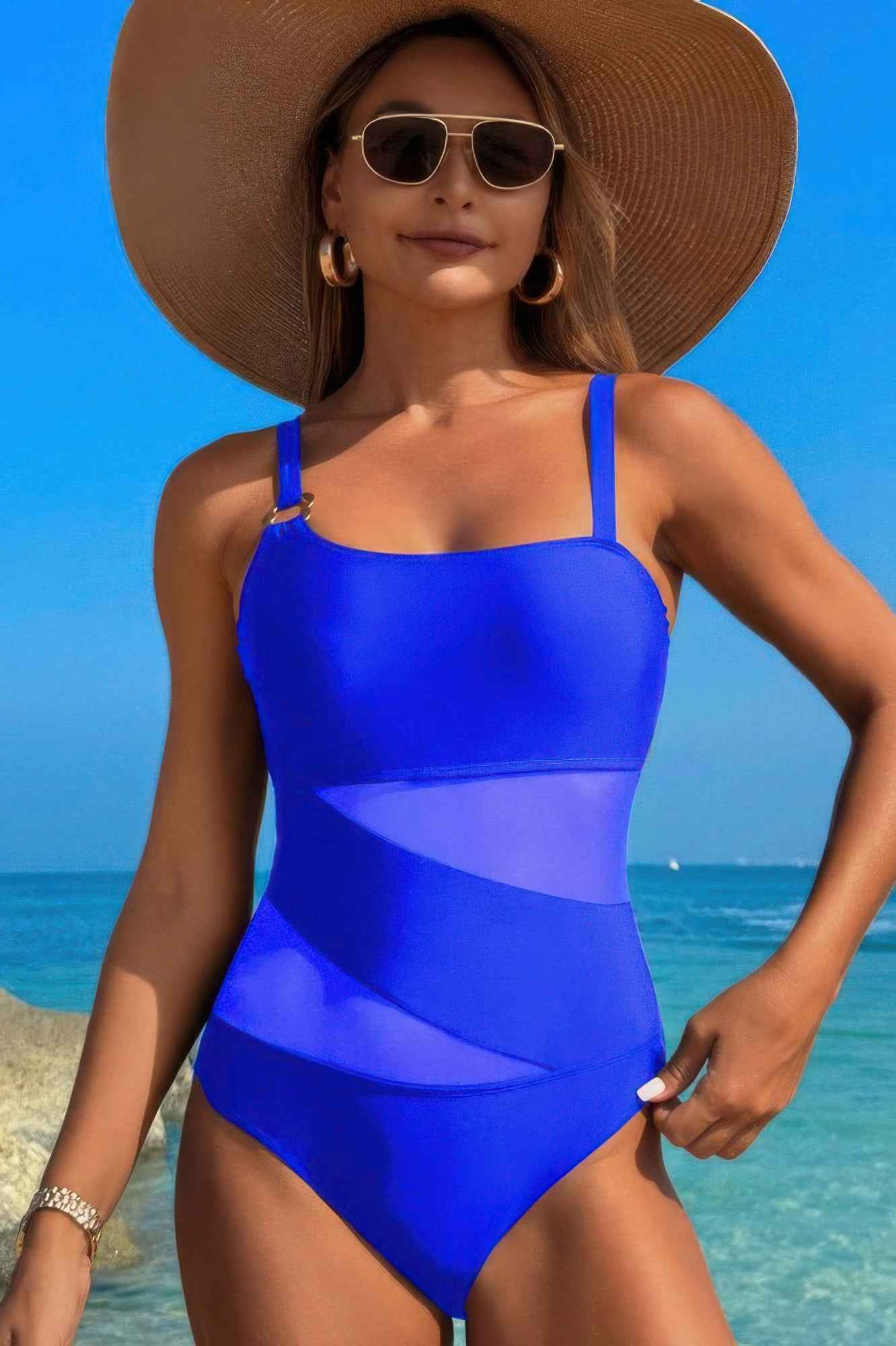 One Piece Color Block Lace High Cut Swimsuit