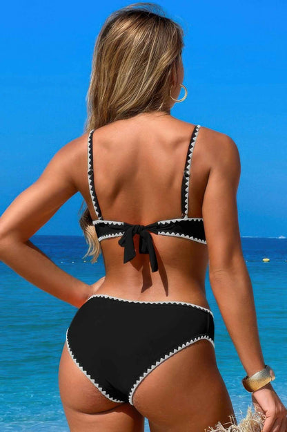 Two Pieces Color Black Cut Out Knot Bikini