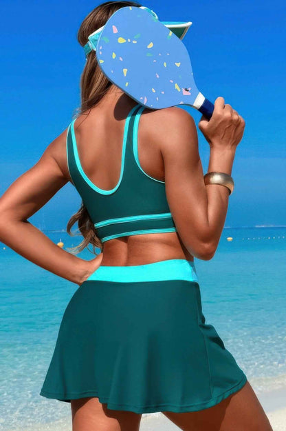 Color Block Two Pieces High Waisted Skirt Swimsuit