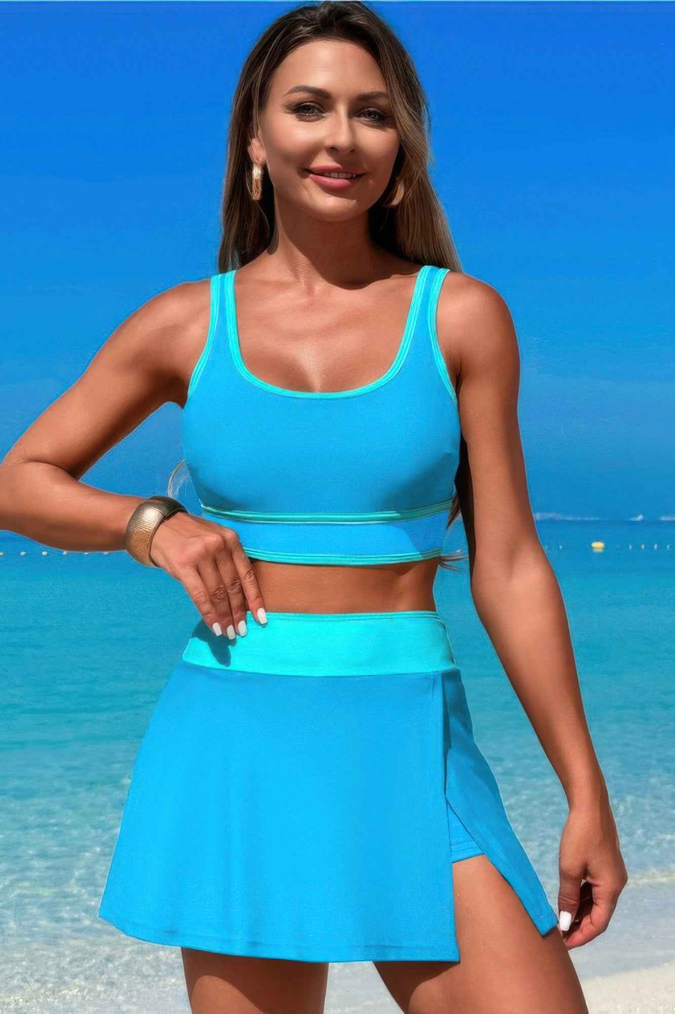 Color Block Two Pieces High Waisted Skirt Swimsuit