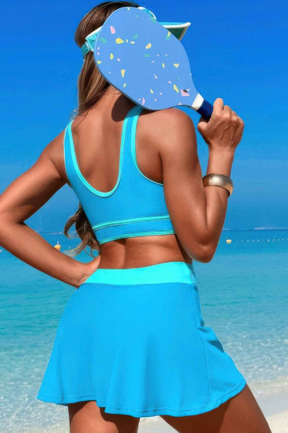Color Block Two Pieces High Waisted Skirt Swimsuit
