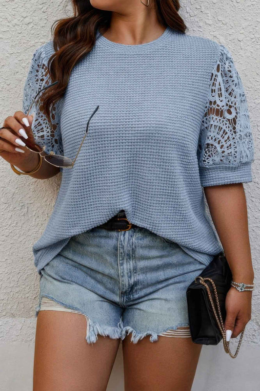 Plus Size Knit Color Block Lace Solid Fit Shirt
