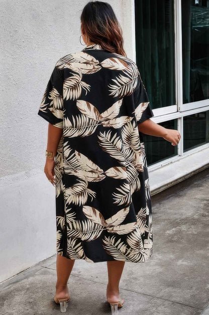 Plus Leaf Print Pockets Elastic Waist Shorts Sets