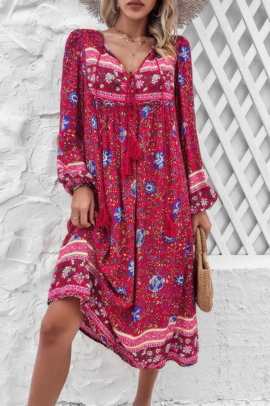 Cross Knot Floral Print Loose Fit V Neck Dress