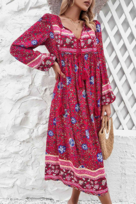 Cross Knot Floral Print Loose Fit V Neck Dress