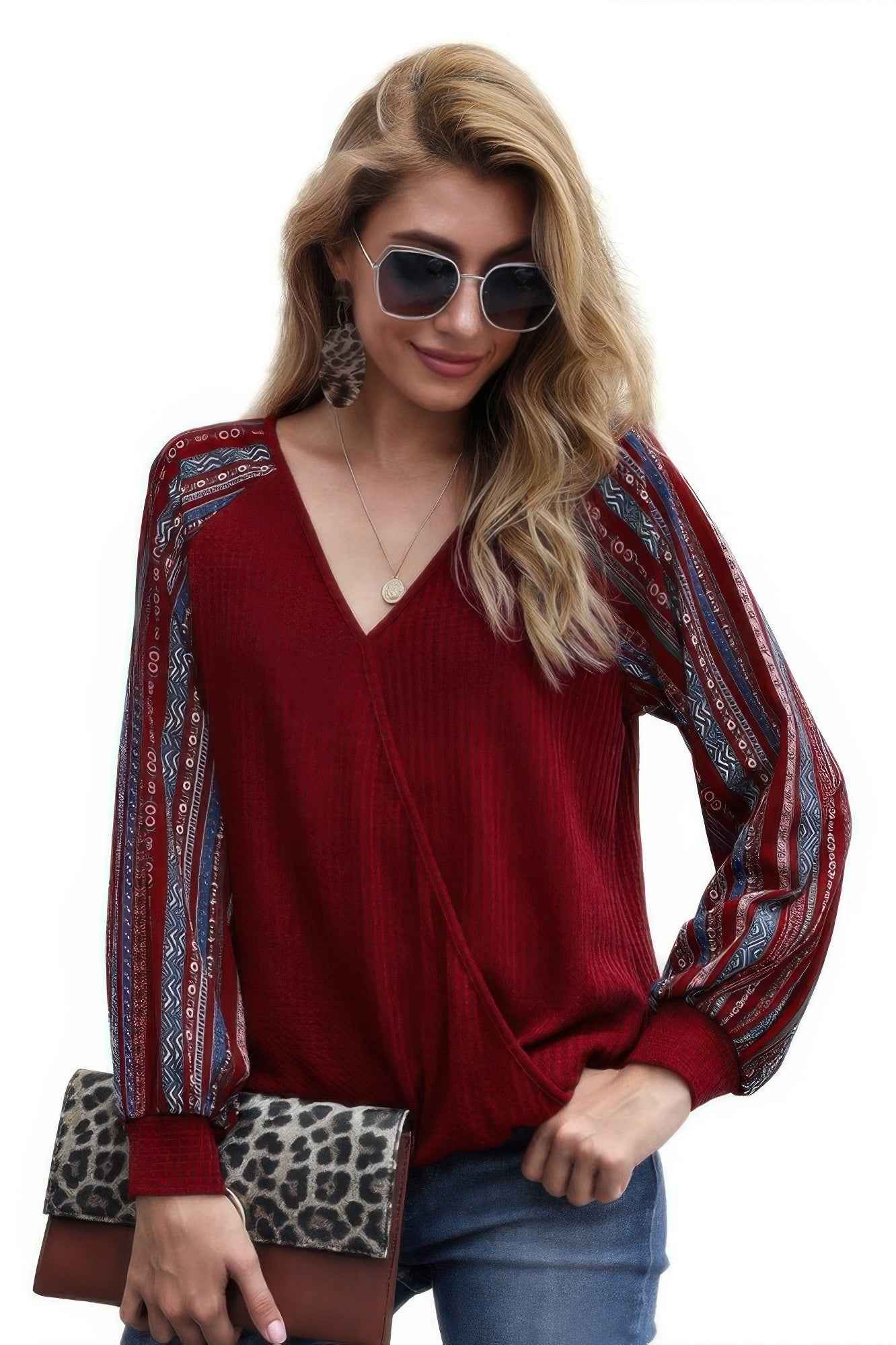 Color Block Deep V Neck Raglan Sleeve Wrap Top