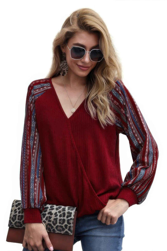 Color Block Deep V Neck Raglan Sleeve Wrap Top