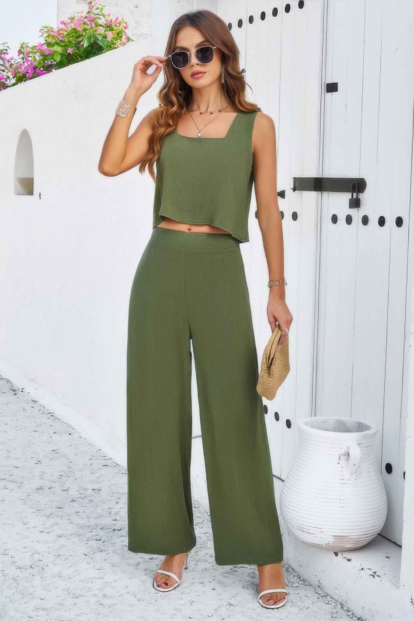 Two Pieces Square Neck Sleeveless Solid Sets