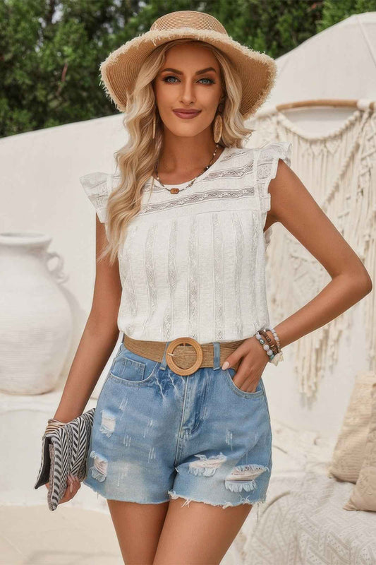 Mock Neck Crewneck Ruffle Sleeve Solid Slim Top