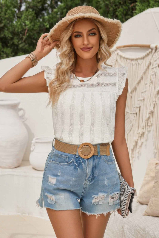 Mock Neck Crewneck Ruffle Sleeve Solid Slim Top