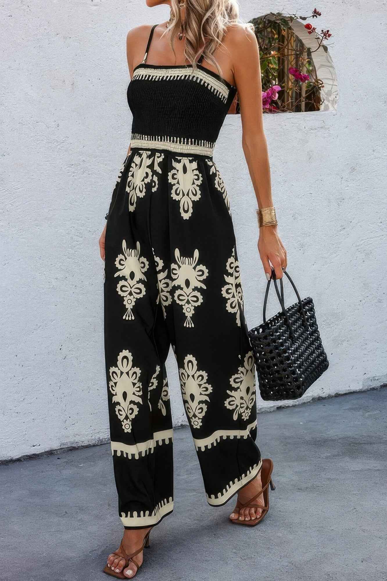 Off Shoulder Ruched Printed High Waist Jumpsuit