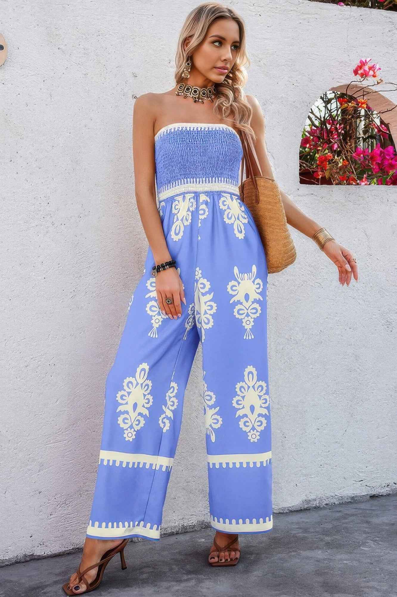 Off Shoulder Ruched Printed High Waist Jumpsuit