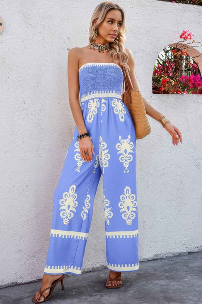 Off Shoulder Ruched Printed High Waist Jumpsuit
