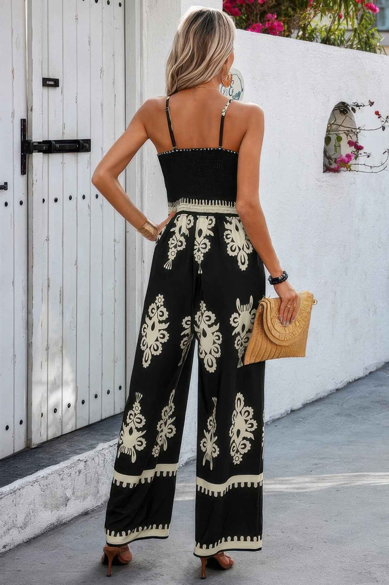 Off Shoulder Ruched Printed High Waist Jumpsuit