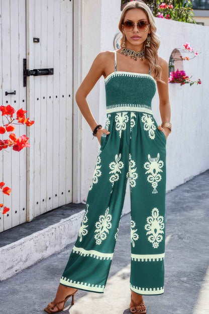 Off Shoulder Ruched Printed High Waist Jumpsuit