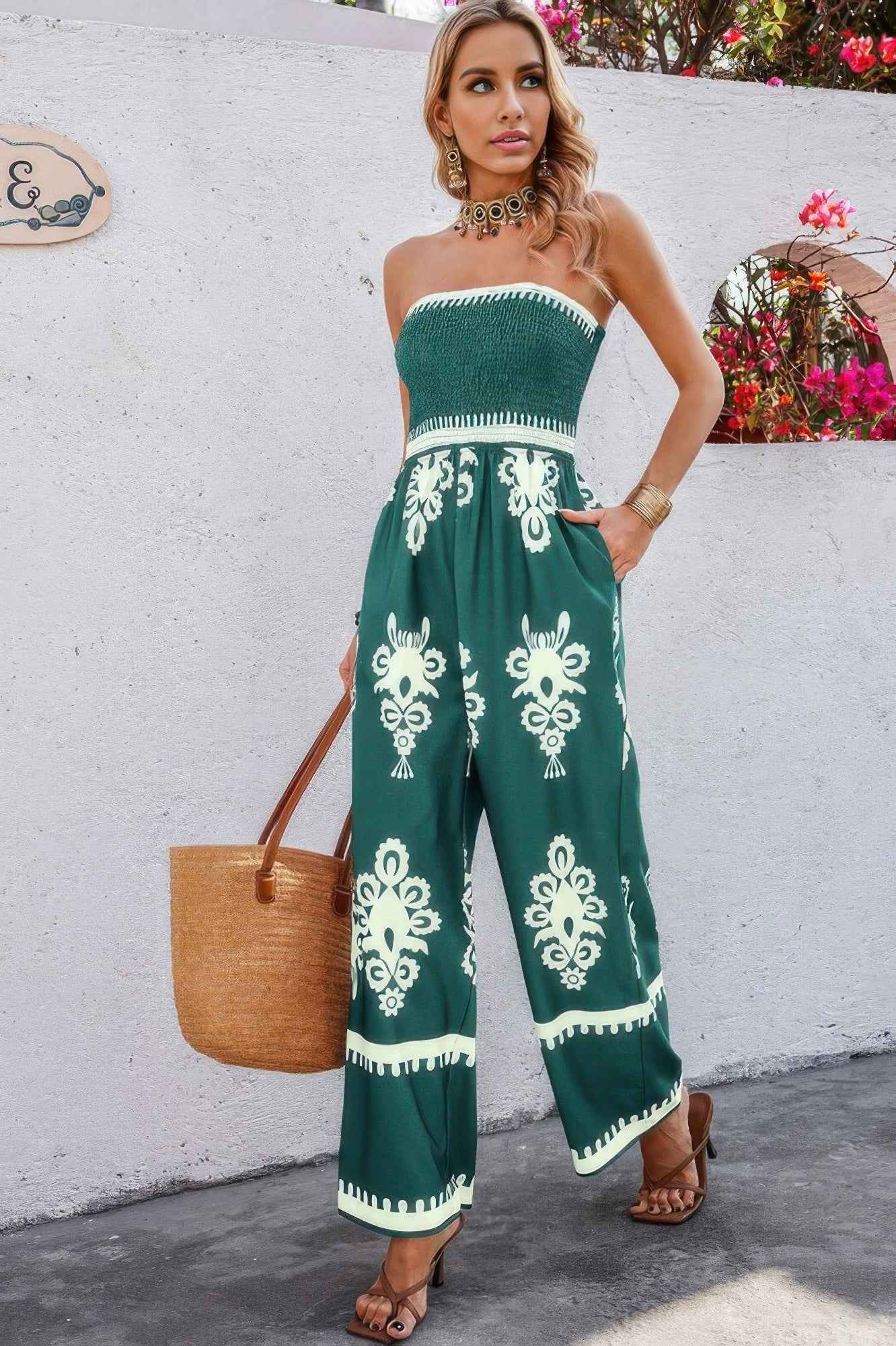 Off Shoulder Ruched Printed High Waist Jumpsuit
