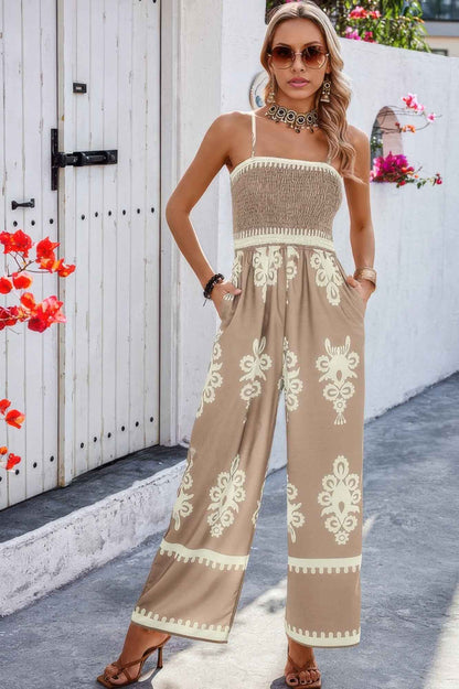 Off Shoulder Ruched Printed High Waist Jumpsuit