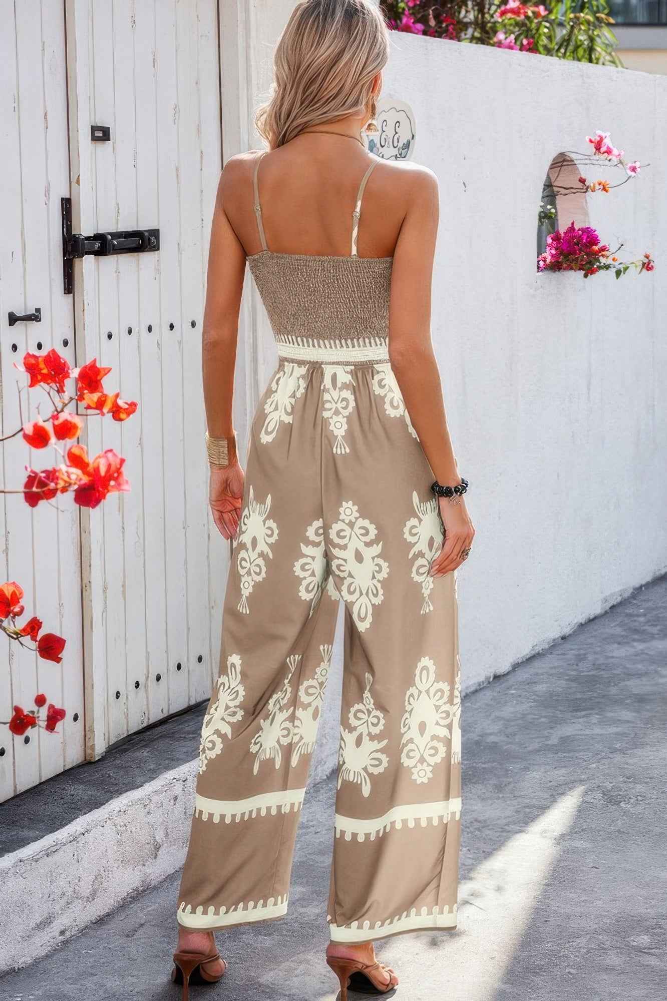 Off Shoulder Ruched Printed High Waist Jumpsuit
