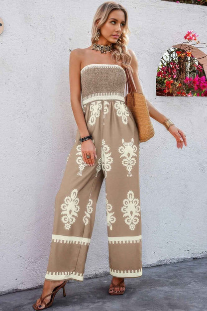 Off Shoulder Ruched Printed High Waist Jumpsuit